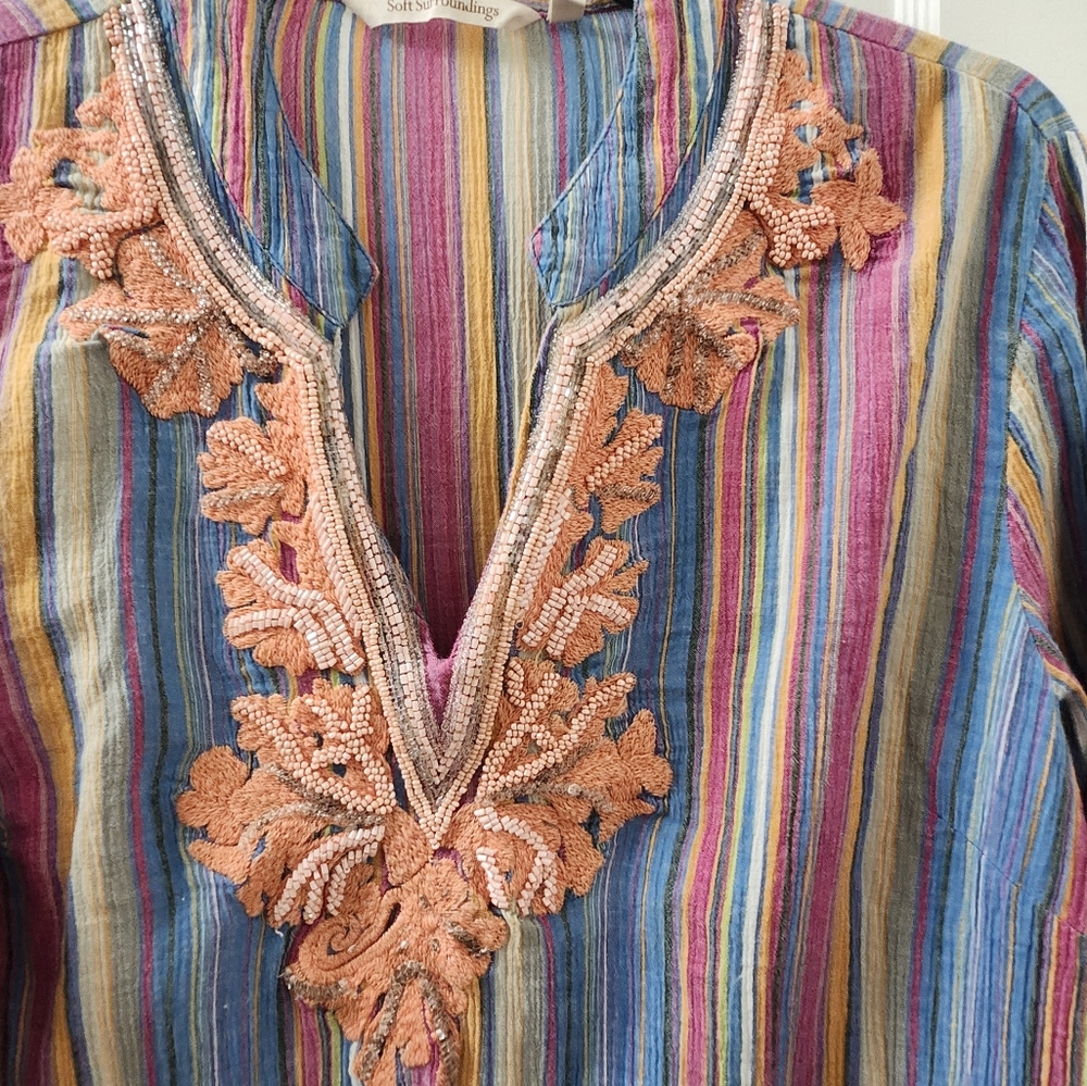 Colorful Striped SOFT SURROUNDINGS Tunic with Embroidered Details